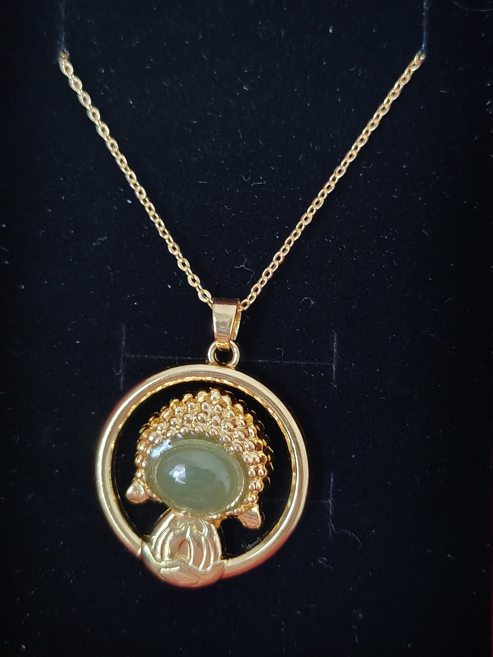 Gold-Tone Buddha Head Pendant Necklace with Green Stone